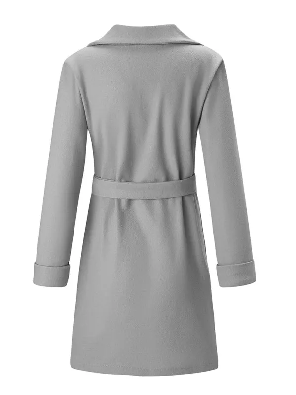 Women's Stylish Solid Color Classy Collared Overcoat With Waist Tie And Hand Pockets