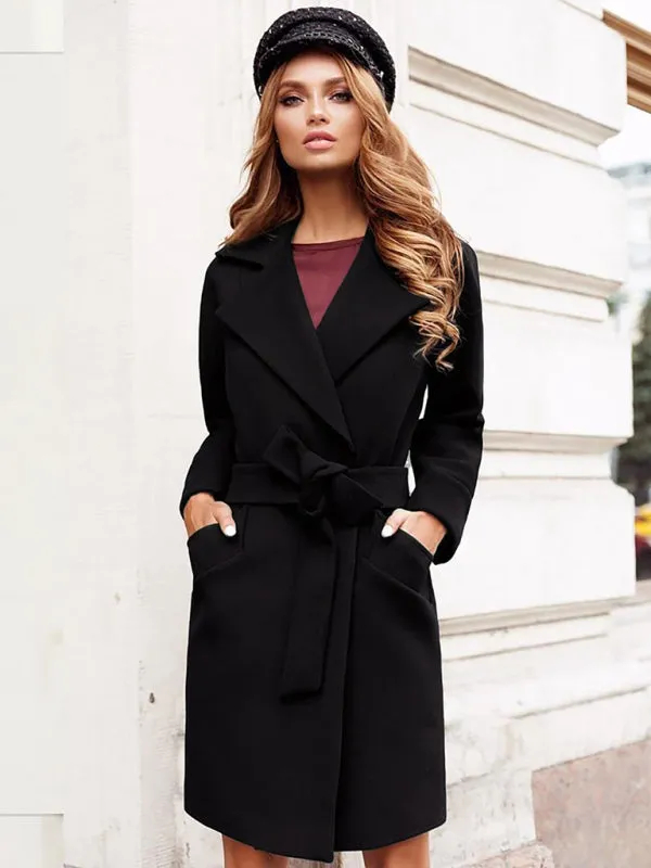 Women's Stylish Solid Color Classy Collared Overcoat With Waist Tie And Hand Pockets