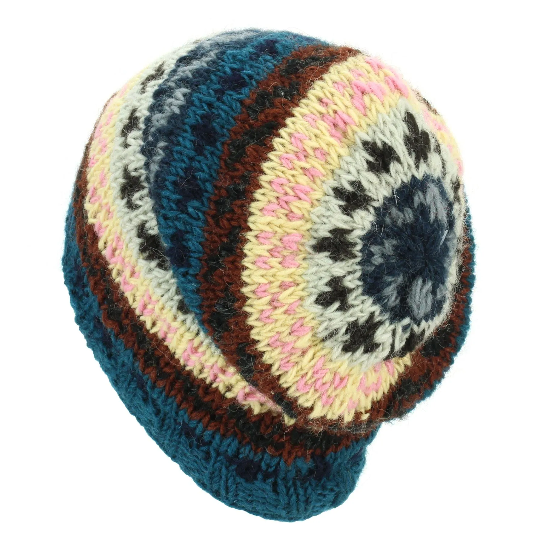 Wool Knit Baggy Slouch Beanie Hat - Stripe Navy Pink Pattern