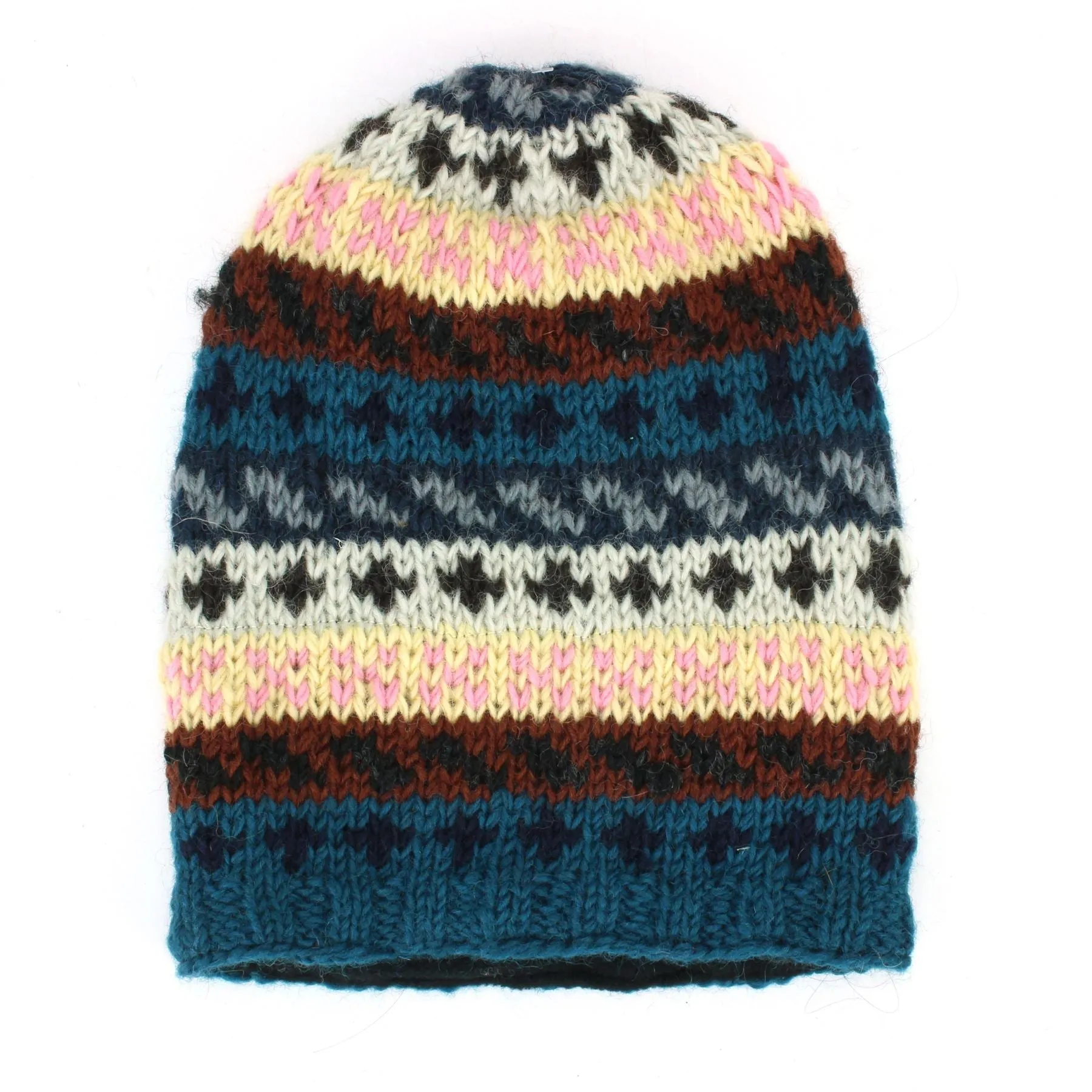 Wool Knit Baggy Slouch Beanie Hat - Stripe Navy Pink Pattern