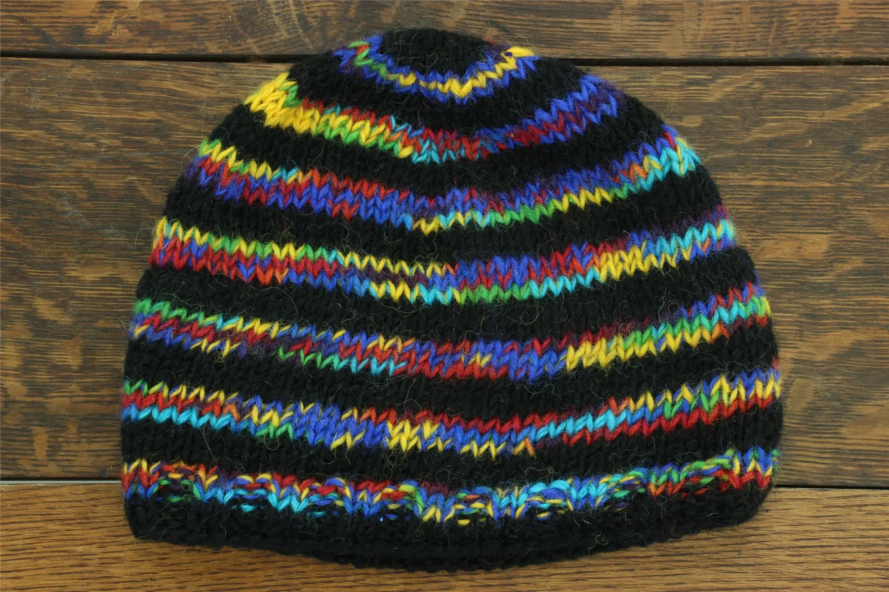 Wool Knit Beanie Hat - Stripe Black Rainbow SD