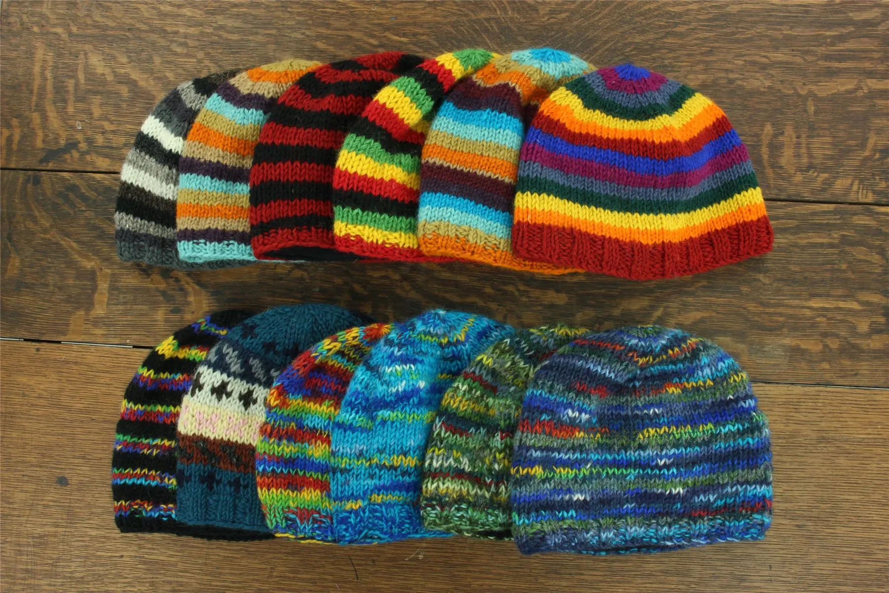 Wool Knit Beanie Hat - Stripe Black Rainbow SD