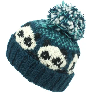 Wool Knit Bobble Beanie Hat - Panda - Teal Green