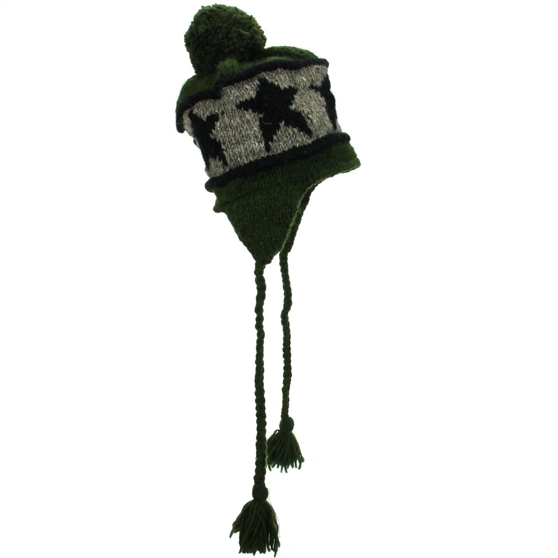 Wool Knit Earflap Bobble Hat - Star Green