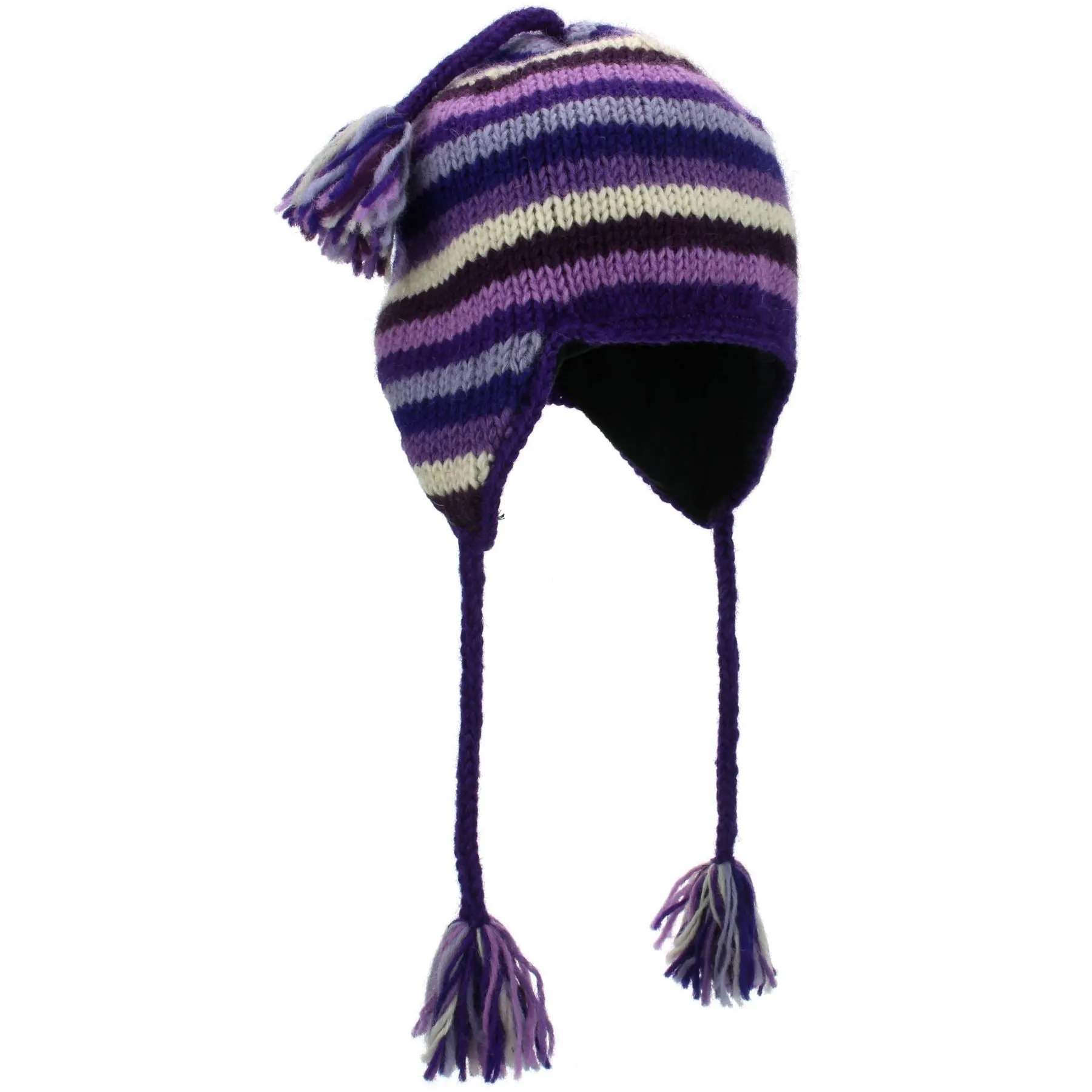 Wool Knit Earflap Tassel Hat - Stripe Purples