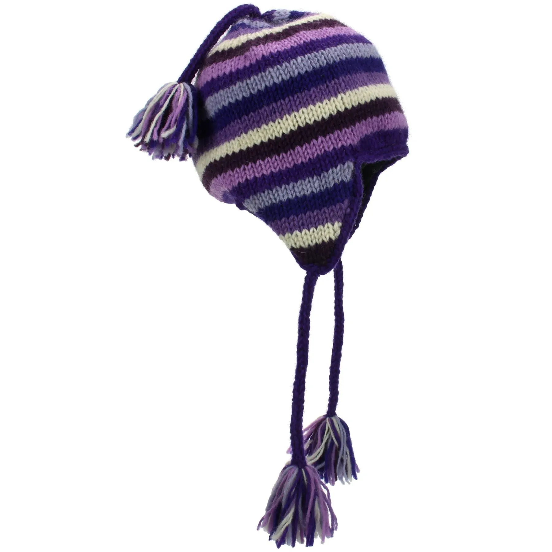 Wool Knit Earflap Tassel Hat - Stripe Purples