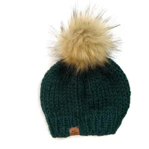 Youth Solid Knit Pom Hat | Dark Green